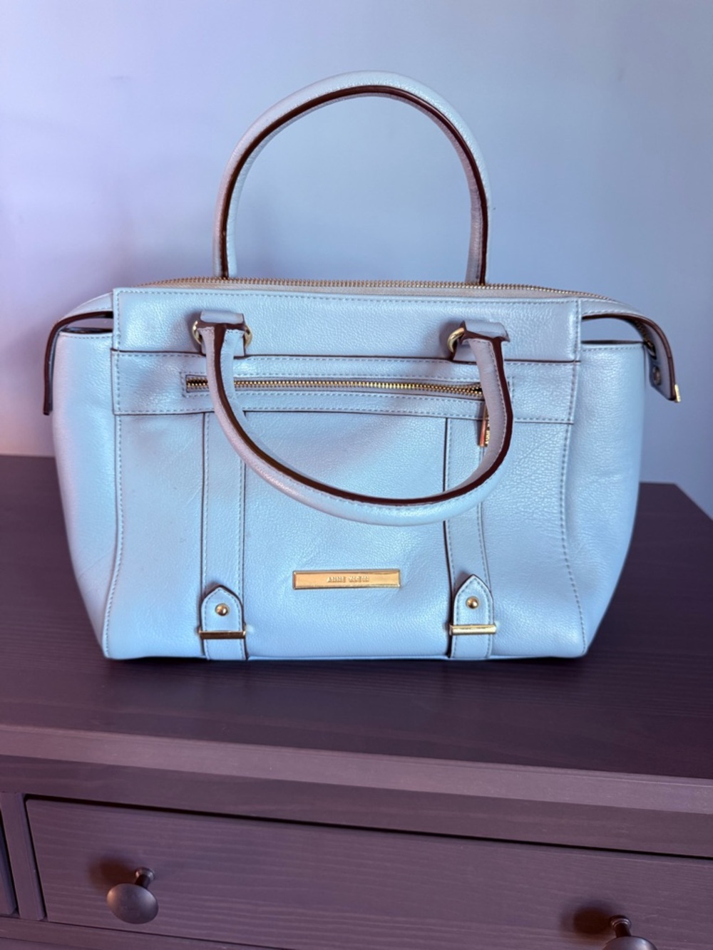 Structured Light Blue Satchel with Gold-Tone Accents